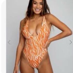 Skatie orange zebra print one piece swimsuit- brand new with tags size M